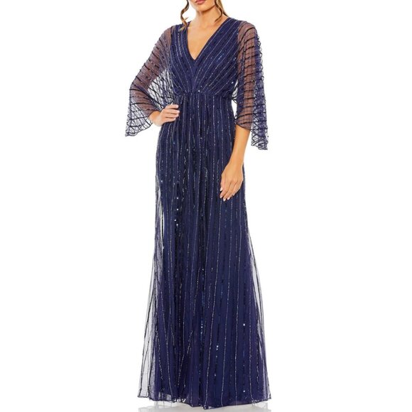 Mac Duggal 93841 Size 16 Dark Blue Kimono Sleeve Beaded Evening Gown Maxi Dress - Picture 2 of 4